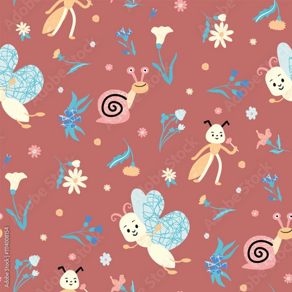 Fototapeta Cute seamless pattern with snails, ants, butterflies