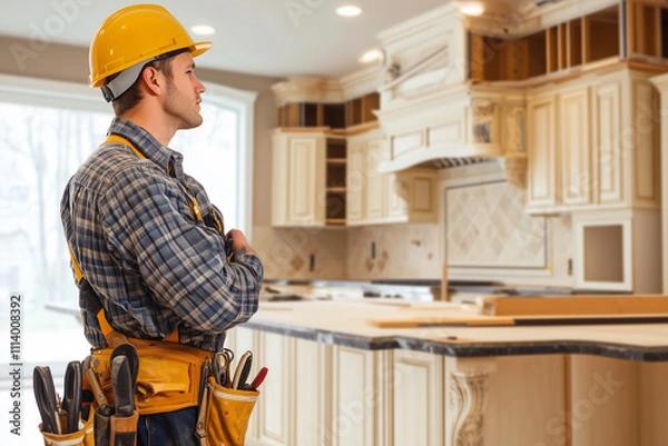 Obraz A builder in a hard hat and tool belt examines the kitchen cabinets, ensuring quality and precision during an active home renovation project.