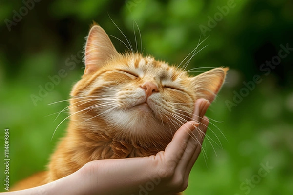 Obraz A contented orange tabby cat being gently petted by a human hand, showing a calm and affectionate connection with a blurred green background