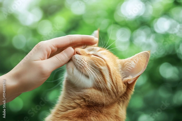Obraz A contented orange tabby cat being gently petted by a human hand, showing a calm and affectionate connection with a blurred green background