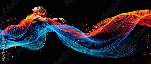 Fototapeta  Young woman floating gracefully with vibrant flowing light waves in blue and orange, artistic portrait against black background with glowing particles