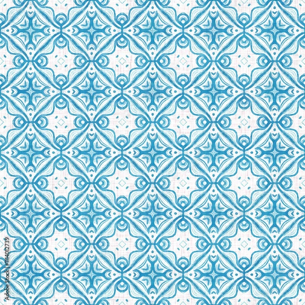 Obraz Aqua teal blue white vibrant watercolor batik azulejos tile border banner background. Seamless coastal blur linen effect geometric mosaic effect.