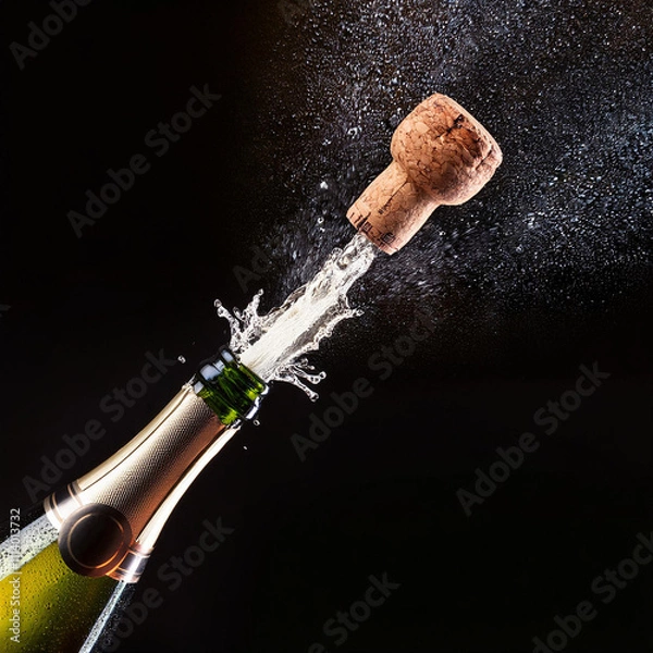 Fototapeta A stunning capture of a champagne cork popping, releasing bubbles and an overwhelming sense of excitement