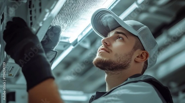 Obraz A technician inspects equipment in a modern industrial setting, focused and attentive.