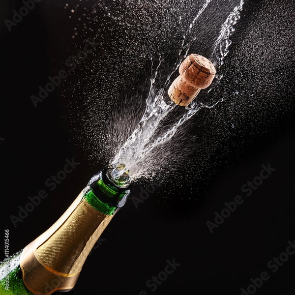 Obraz A stunning image beautifully capturing the exact moment a champagne cork pops off, spraying delightful bubbles