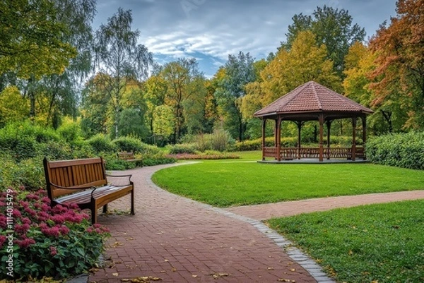 Fototapeta Two benches are in the park with a gazebo in the background