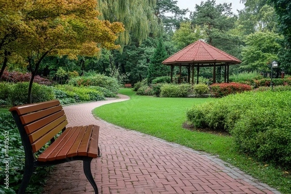 Fototapeta Two benches are in the park with a gazebo in the background