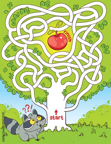 Obraz Help the Raccoon go through trees maze and get an apple. Children logic game to pass the maze. Educational game for kids. Choose right path. Funny cartoon character. Worksheet page