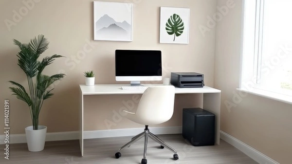 Fototapeta Minimalist Home Office with White Desk and Modern Décor