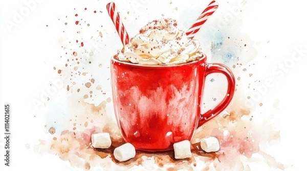 Fototapeta Set of Hot cocoa chocolate with Candy cane,glass of milk,christmas elements,watercolor clipart,sweet holiday card,Christmas menu,morning,season greeting,xmas and New Year.