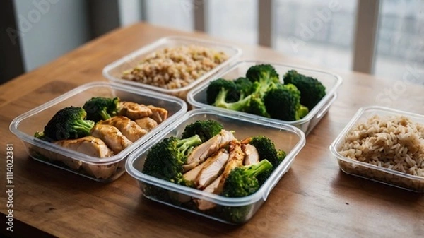 Obraz meal boxes with balanced options including chicken, broccoli and brown rice.