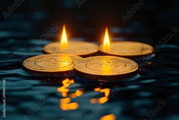 Obraz Golden Cryptocurrency Coins Afloat on Water with Flames