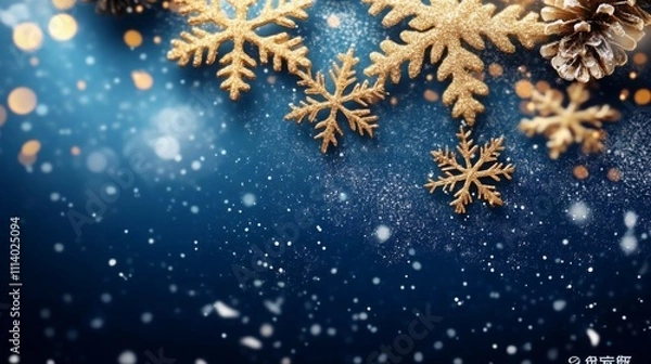 Fototapeta Elegant Golden Snowflakes on Blue Background with Glittering Particles and Delicate Light Effects, Perfect for Joyful New Year's Day Celebration, Silver-Grey and Gold Color Scheme, Festive Atmosphere