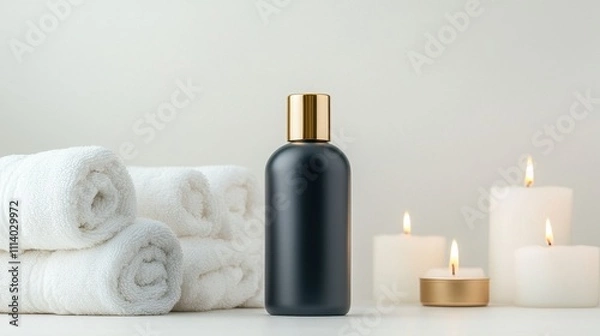 Fototapeta Elegant Black Shampoo Bottle with Gold Cap Surrounded by Soft White Towels and Relaxing Candles in a Tranquil Spa Setting for Wellness and Self-Care