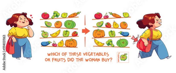 Obraz Find the differences puzzle game. Which of these vegetables or fruits did the woman buy at the grocery store? Find hidden objects in the picture. Puzzle Hidden Items. Educational game for children