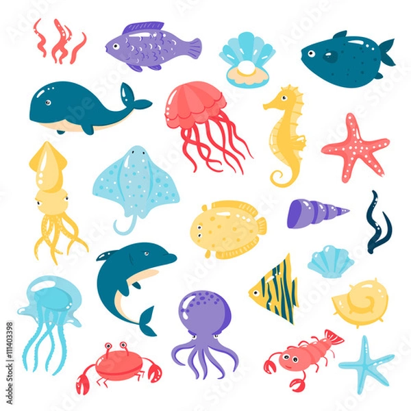 Obraz Set of different sea animals in cute cartoon style