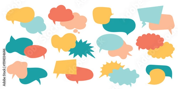 Obraz Colorful flat speech bubble set. Empty Blank Balloon. Hand drawn talk bubble. Doodle child conversation dialog, cartoon chatting box, message box. Vector illustration. Isolated on a white background