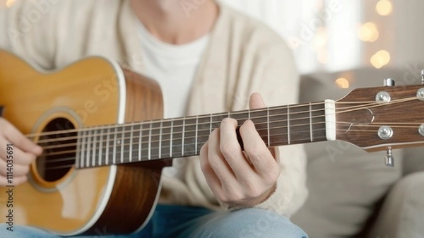 Fototapeta A person playing an acoustic guitar, showcasing a cozy indoor setting with soft lighting and a relaxed atmosphere.