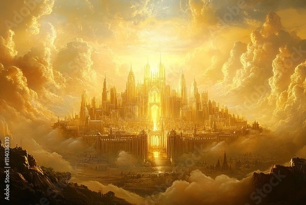 Fototapeta A visually striking biblical scene from the Book of Revelation, featuring symbolic elements of prophecy and divine imagery, set in a heavenly landscape.