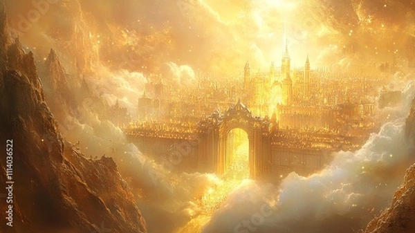 Fototapeta A visually striking biblical scene from the Book of Revelation, featuring symbolic elements of prophecy and divine imagery, set in a heavenly landscape.
