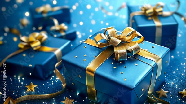 Obraz Generative AI illustration of blue gifts with golden bows and ribbons placed on blue background near stars.