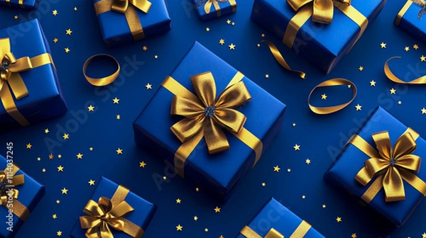 Obraz Generative AI illustration of blue gifts with golden bows and ribbons placed on blue background near stars.