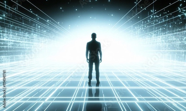 Fototapeta A business professional standing in the vast expanse of cyberspace, symbolizing the power of social networks and advanced technology in the modern digital age.