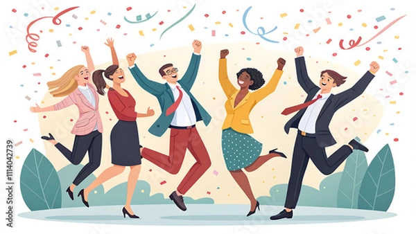Fototapeta Business Team Success. Vector illustration in flat style of a diverse group of people jumping for joy. Isolated on background with festive tinsel.