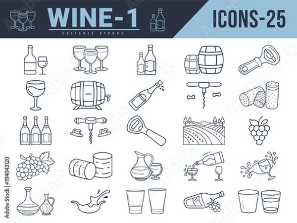Fototapeta Wine Line Editable Icons big set. Vector illustration in modern thin line style of wine icons. Editable stroke.