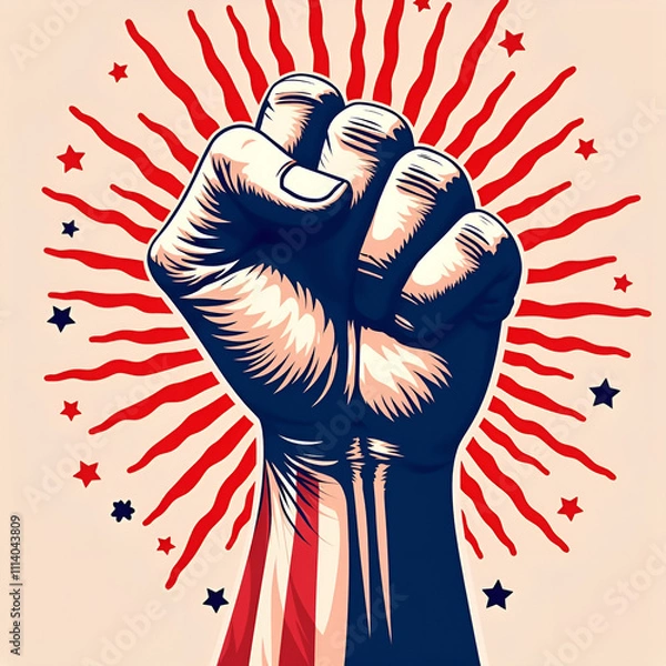 Fototapeta Raised fist symbolizing power and resistance against a background of rays and stars.
