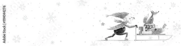 Fototapeta Christmas Delivery, Gnome pushing the Sled with Presents
