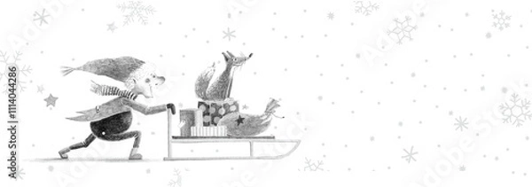 Fototapeta Christmas Delivery, Gnome pushing the Sled with Presents