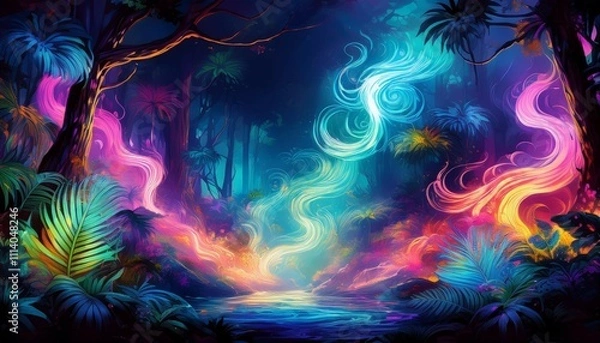 Fototapeta watercolor art illustration of whimsical neon smoke swirling through a dark jungle creating an enchanting and mystical atmosphere