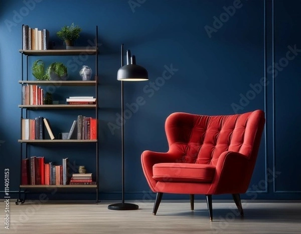 Fototapeta red armchair bookshelf and floor lamp in a dark blue room creating a cozy and inviting atmosphere for relaxing