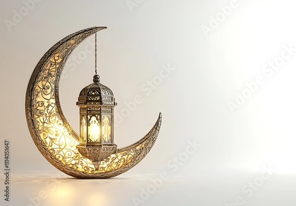 Fototapeta Ornate Crescent Moon Lamp, Perfect for Ramadan. A beautiful, 3D rendered image of an intricately designed crescent moon-shaped lamp, adorned with intricate Islamic patterns.