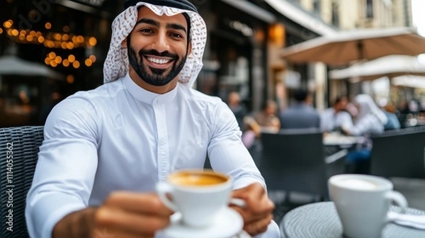 Fototapeta A smiling man in traditional attire enjoys coffee at an outdoor caf?.