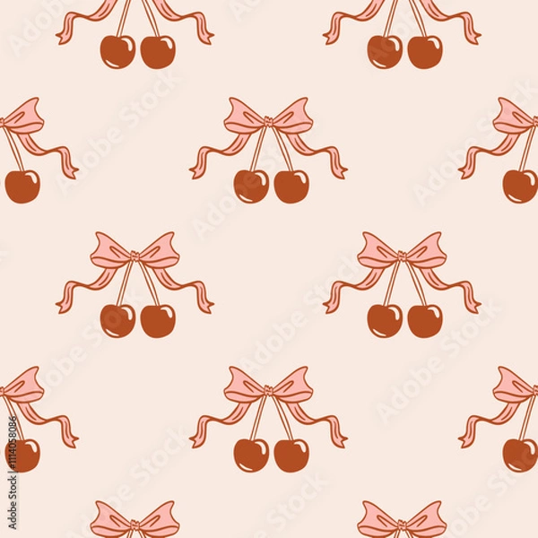 Fototapeta Vintage vector seamless pattern cherry with a ribbon pink bow in a coquette aesthetics. 