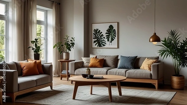 Fototapeta Wooden table in front of couch in spacious living room interior with plants and lamps. Real photo