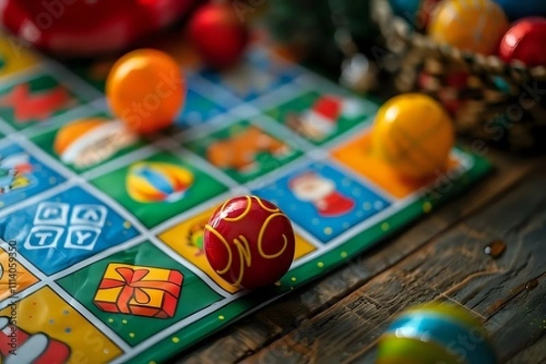 Fototapeta Colorful Holiday Game Board with Festive Ornaments: A Close-Up View of Joyful Decorations and a Fun Game, Perfect for Family Gatherings and Festive Celebrations.