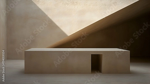 Obraz Minimalist architectural interior design featuring a beige concrete structure with a cut-out doorway, bathed in natural sunlight.