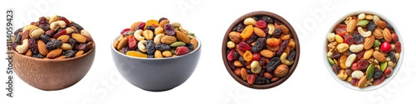 Fototapeta variety of bowls filled with colorful trail mix containing nuts, dried fruits, and seeds, perfect for healthy snack. Enjoy vibrant textures and flavors!