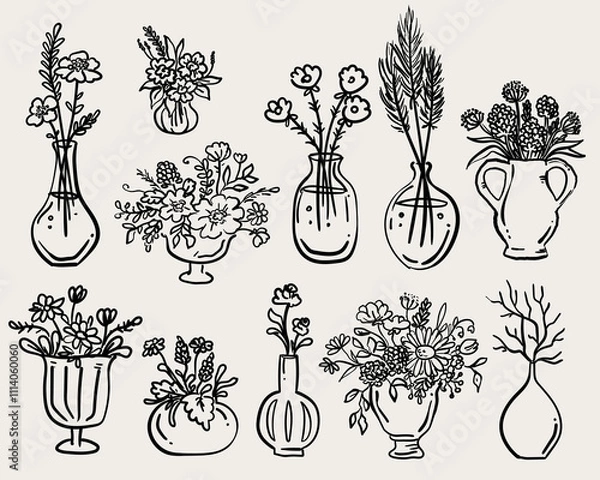 Fototapeta Whimsical Style hand drawn quirky vases bouquets with flowers - vector set