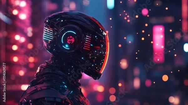 Fototapeta Futuristic robotic figure in a neon-lit cityscape.AI Generated image