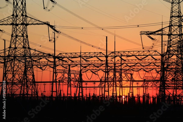 Fototapeta Many high-voltage power towers, silhouetted against the setting sun