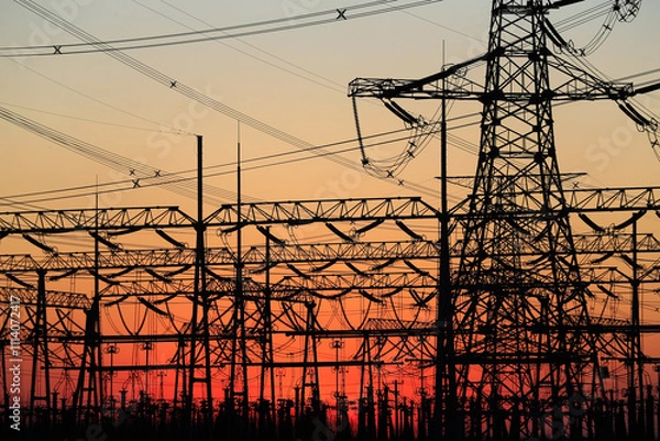 Fototapeta Many high-voltage power towers, silhouetted against the setting sun