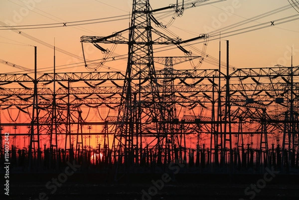 Fototapeta Many high-voltage power towers, silhouetted against the setting sun