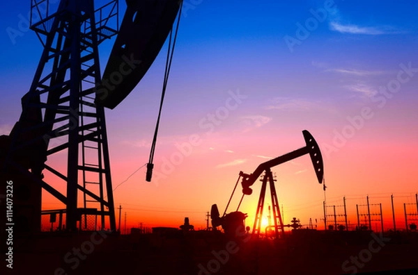 Fototapeta The pumping unit is working, in the silhouette of sunset