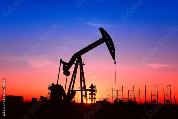 Fototapeta The pumping unit is working, in the silhouette of sunset