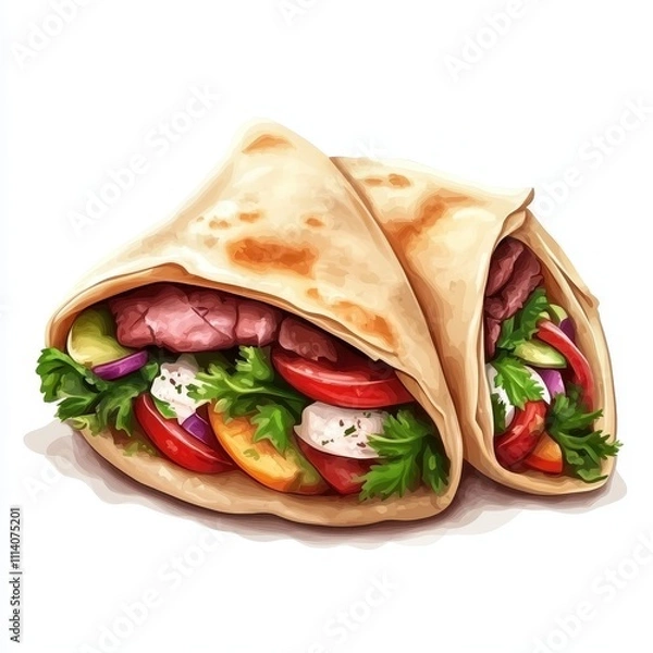 Fototapeta illustration of pita bread filled with vegetables and meats, isolated on a white background, ideal for culinary designs.
