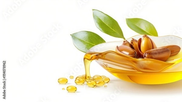 Fototapeta The image features a clear bottle of jojoba oil surrounded by fresh jojoba seeds, all placed on a clean white background, highlighting the natural purity and essence of the oil and seeds. Generative A